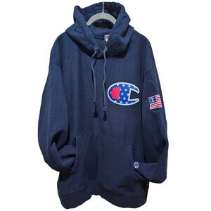 Vintage Men's 2X Champion Reverse Weave Hoodie 80s USA Sweatshirt Navy Blue